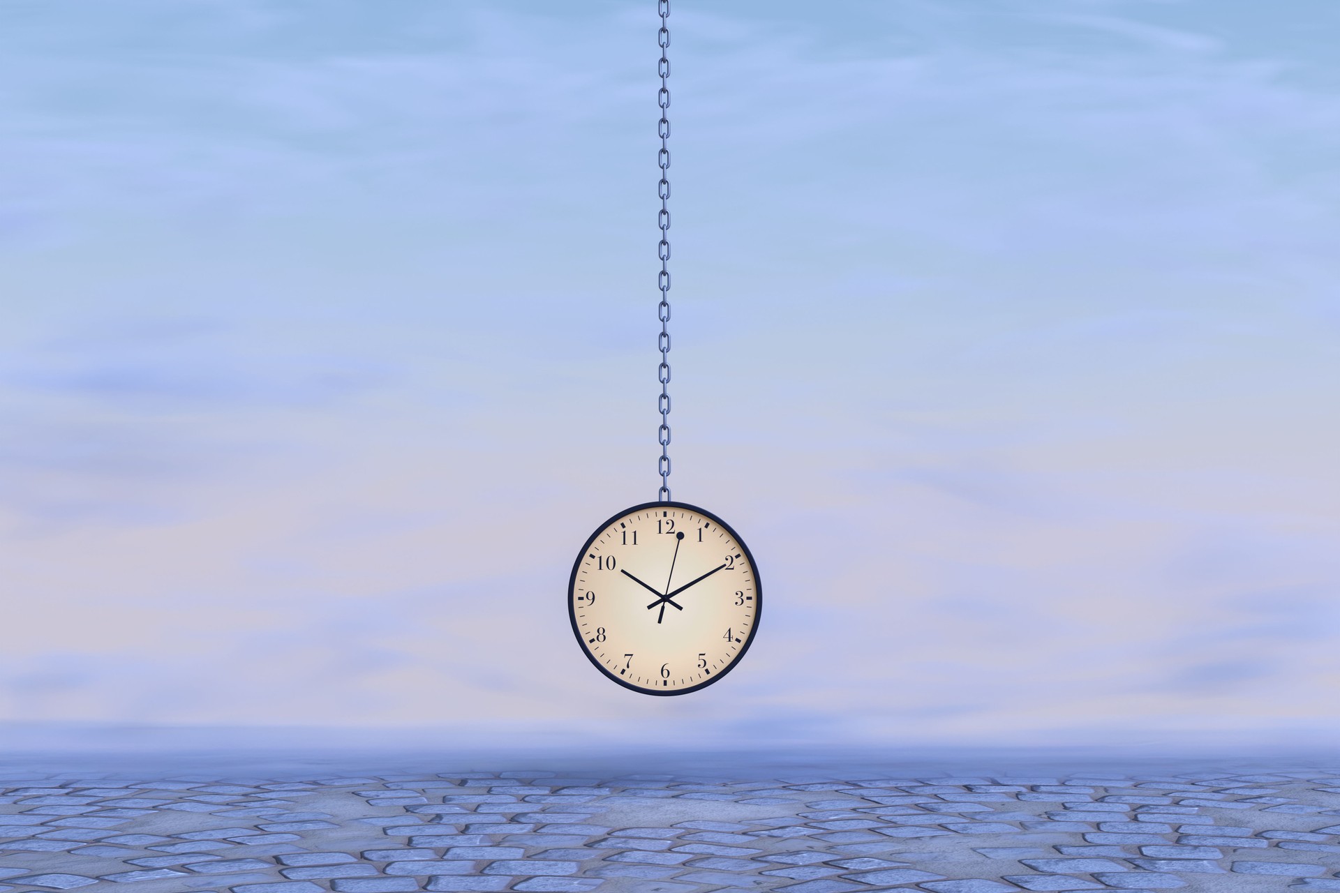 Old-fashioned train station circular clock hanging on a metallic chain above a cobblestone floor in a foggy purple sunset. Illustration of the concept of time, schedule, and project deadlines