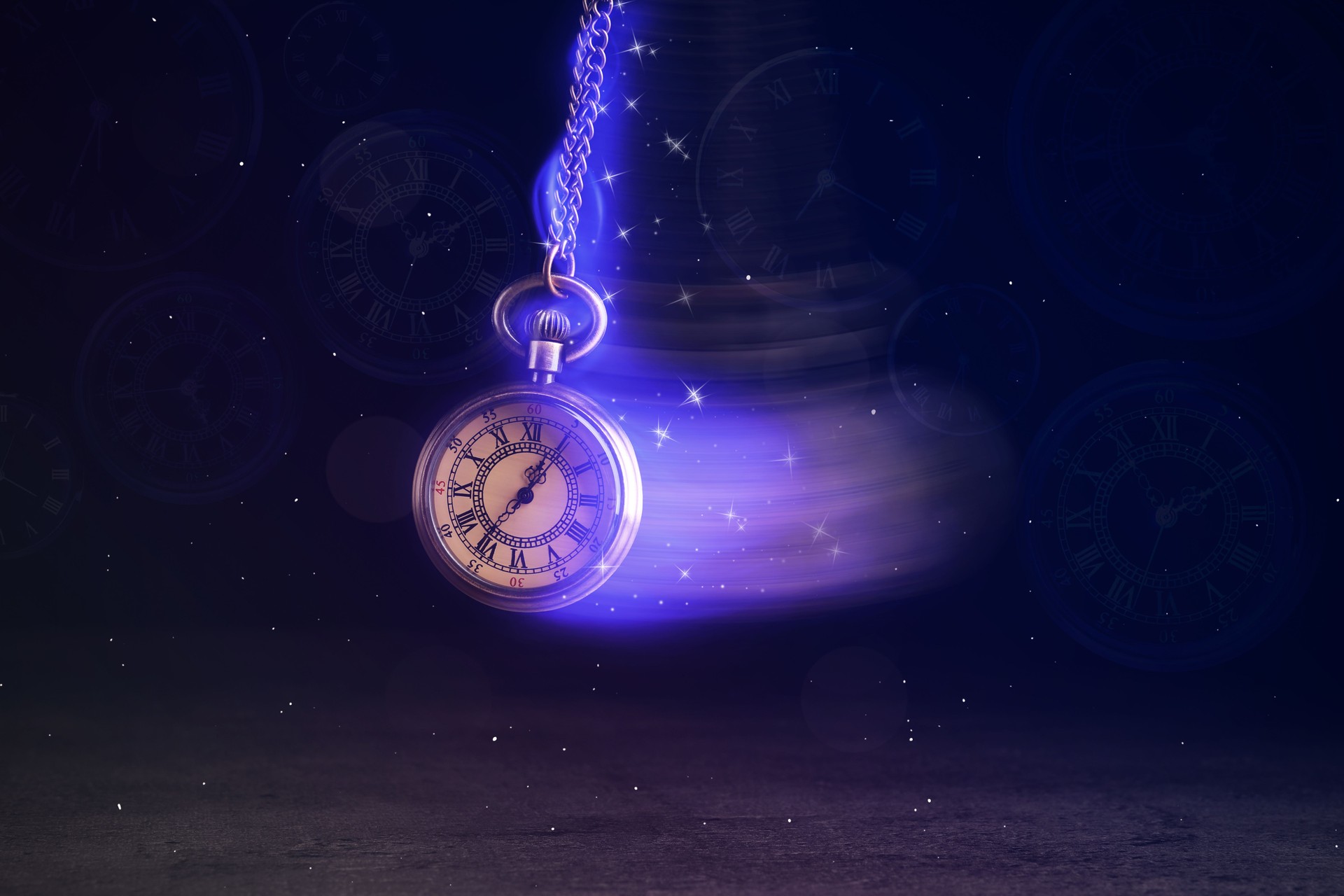 Hypnosis session. Vintage pocket watch with chain swinging over surface on dark background among faded clock faces, magic motion effect